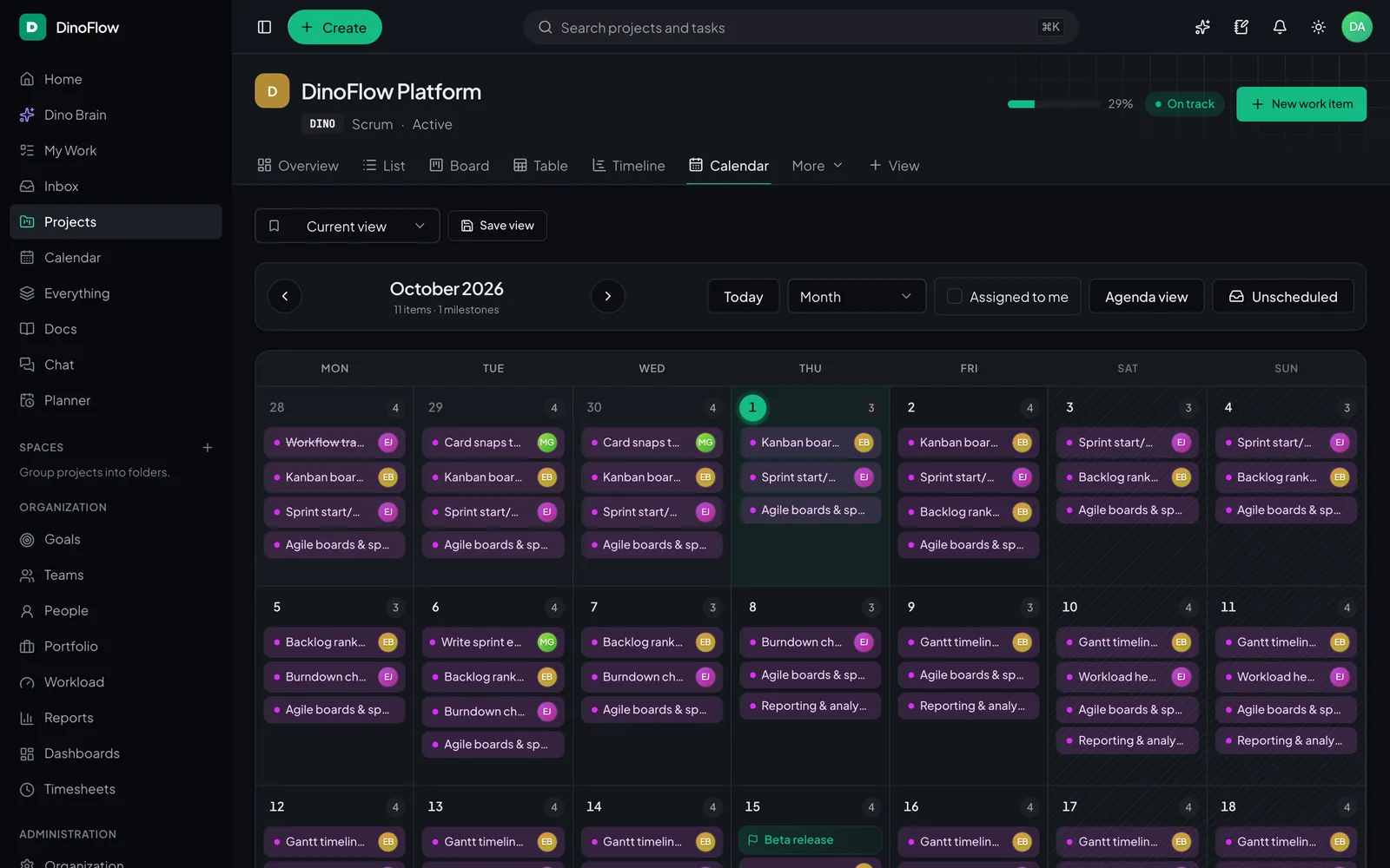 DinoFlow month calendar showing tasks and a milestone on their due dates