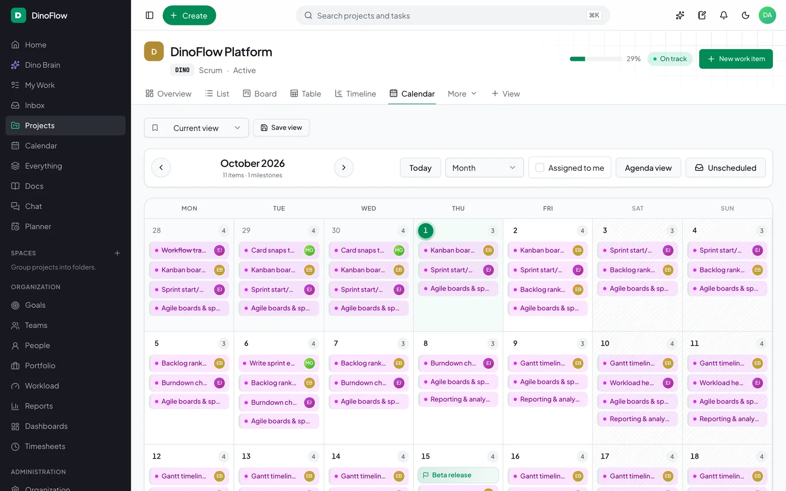 DinoFlow month calendar showing tasks and a milestone on their due dates