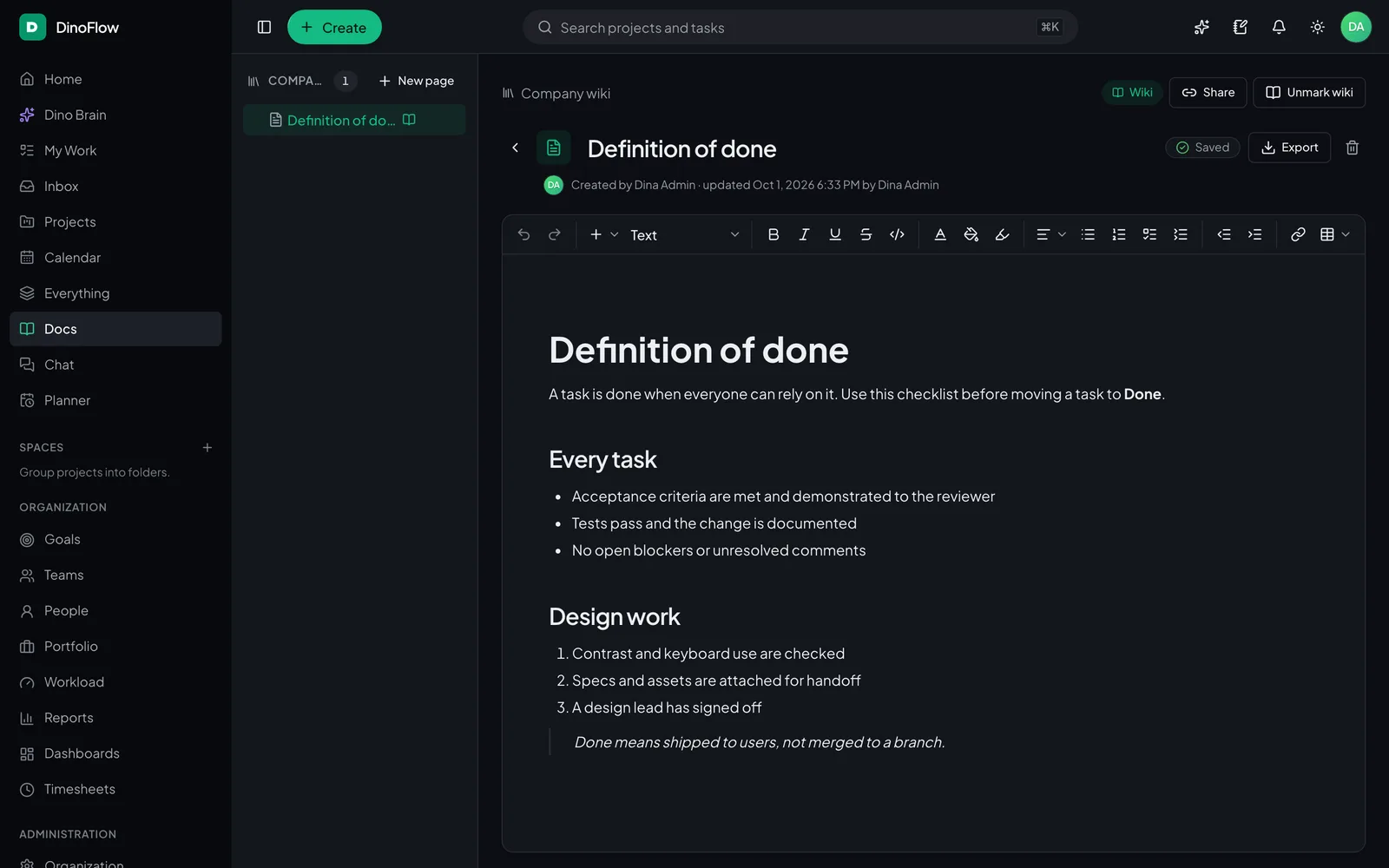 DinoFlow document editor showing a Definition of done page with checklists