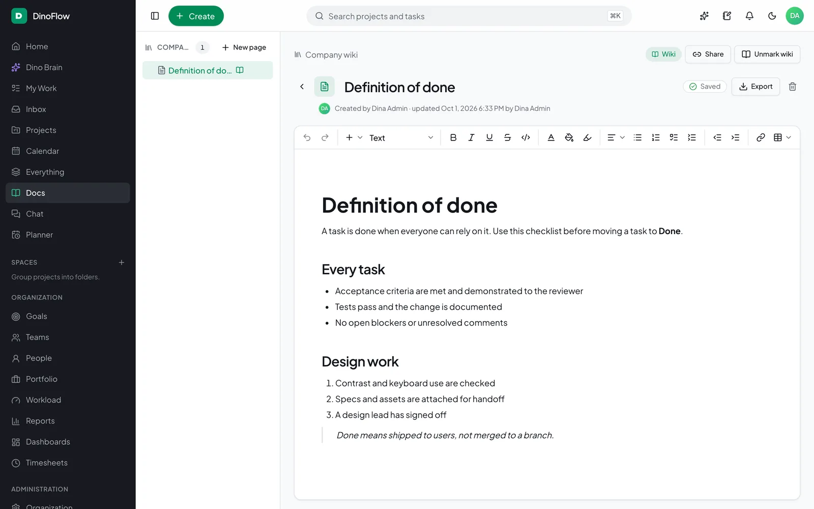 DinoFlow document editor showing a Definition of done page with checklists