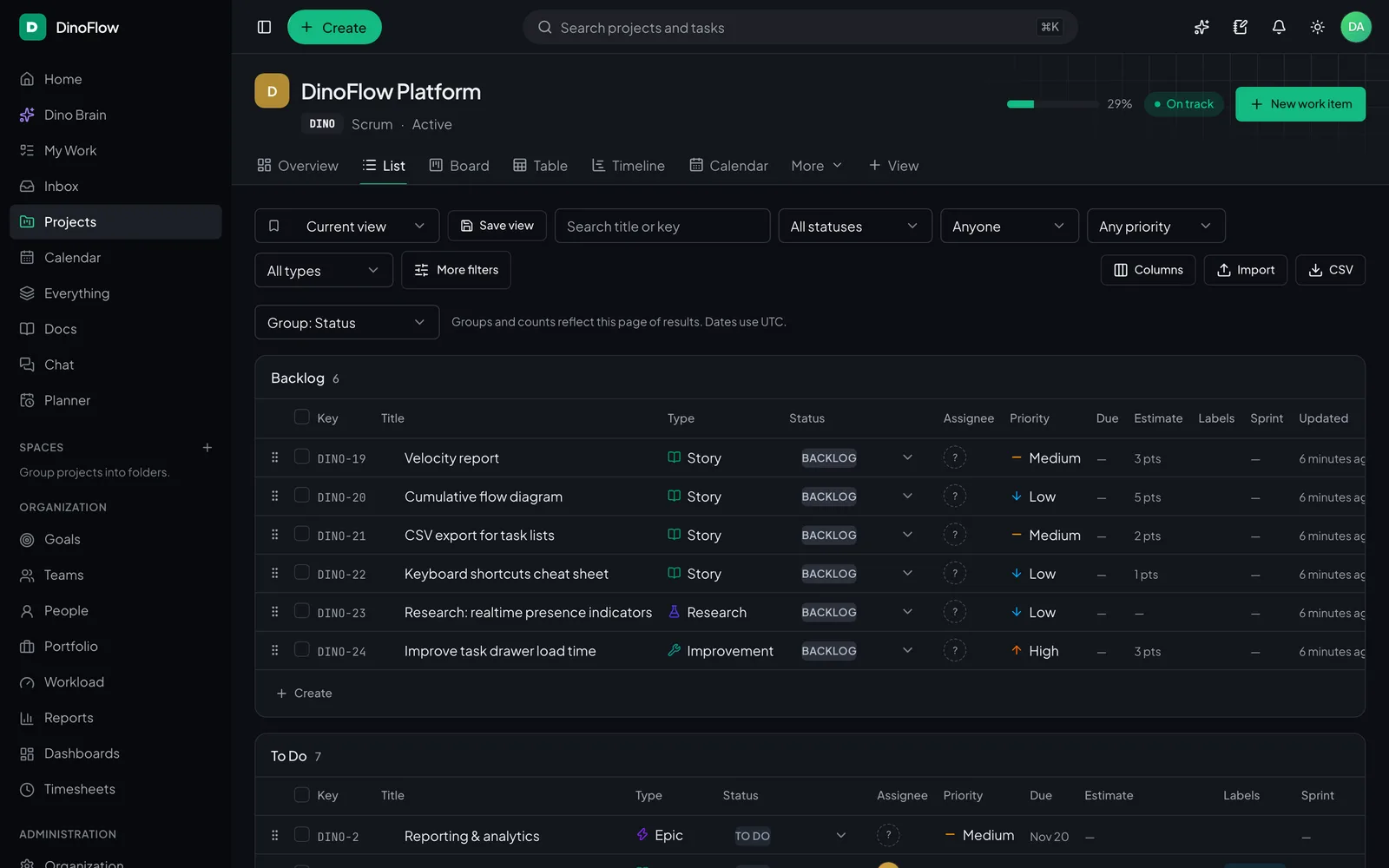 DinoFlow list view grouped by status with task keys, types, priorities and assignees