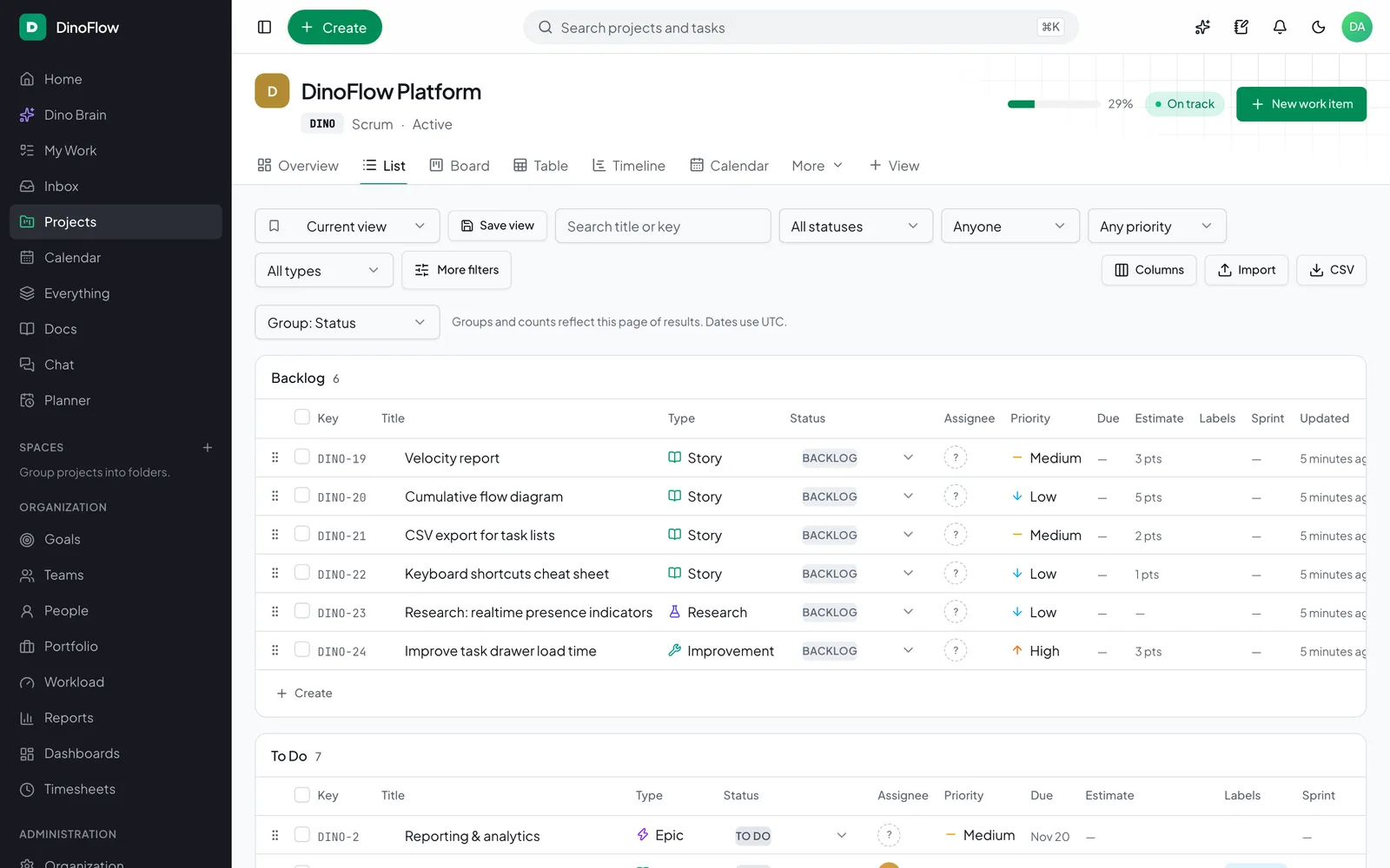 DinoFlow list view grouped by status with task keys, types, priorities and assignees