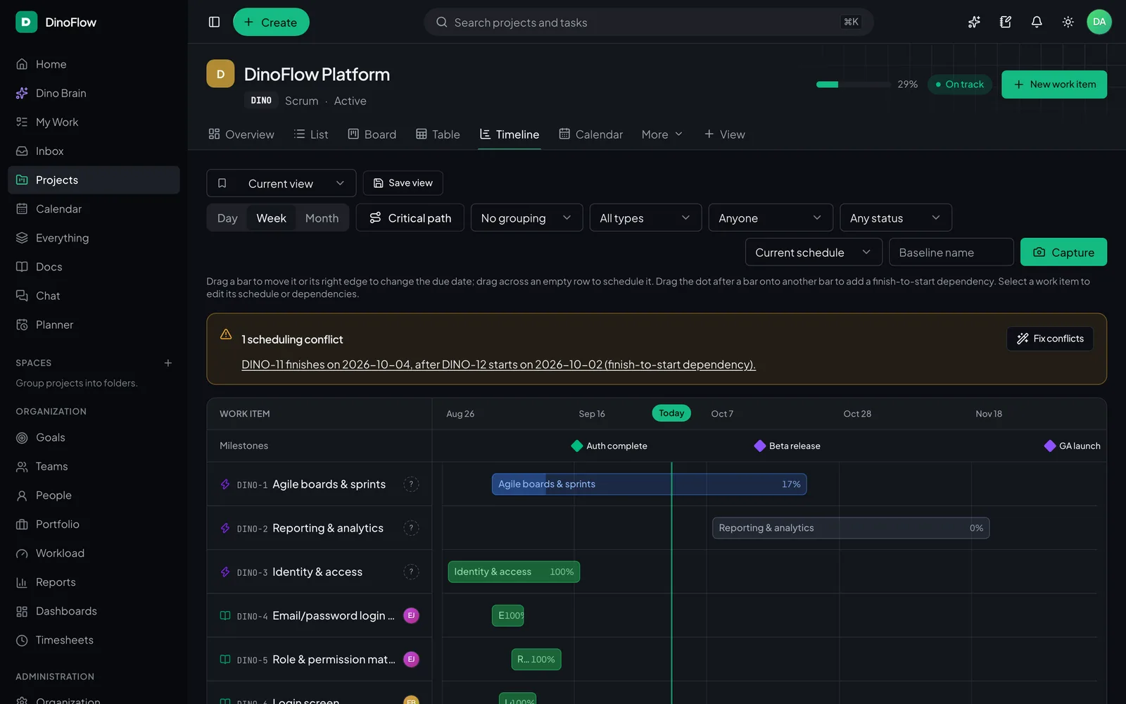 DinoFlow timeline with milestones, task bars, dependency arrows and a scheduling conflict banner