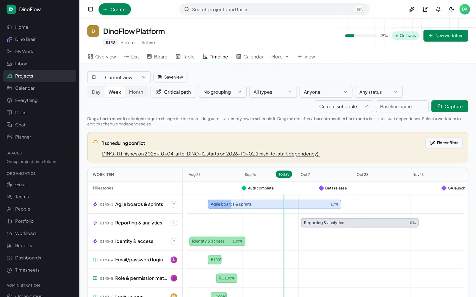 DinoFlow timeline with milestones, task bars, dependency arrows and a scheduling conflict banner